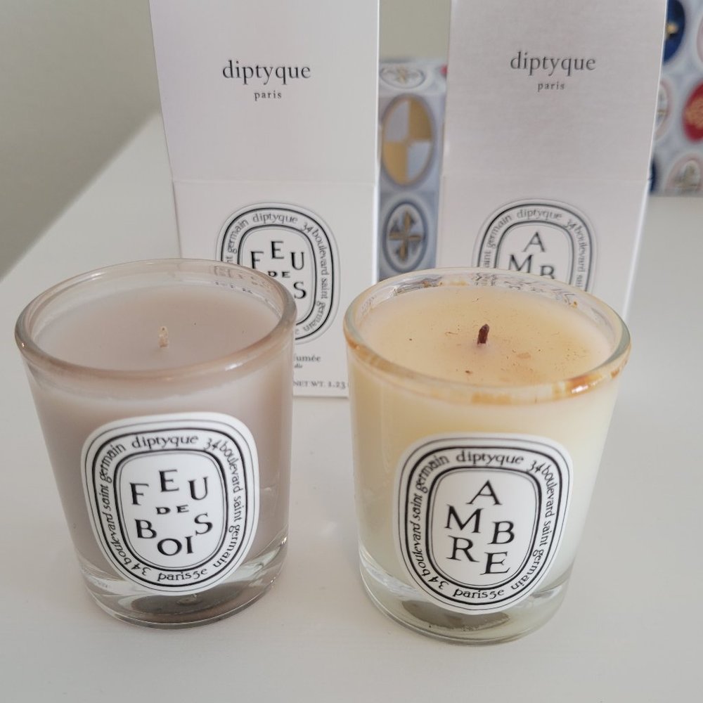 NIB Diptyque Set of 2 candles Feu de Bois and Ambre 35G